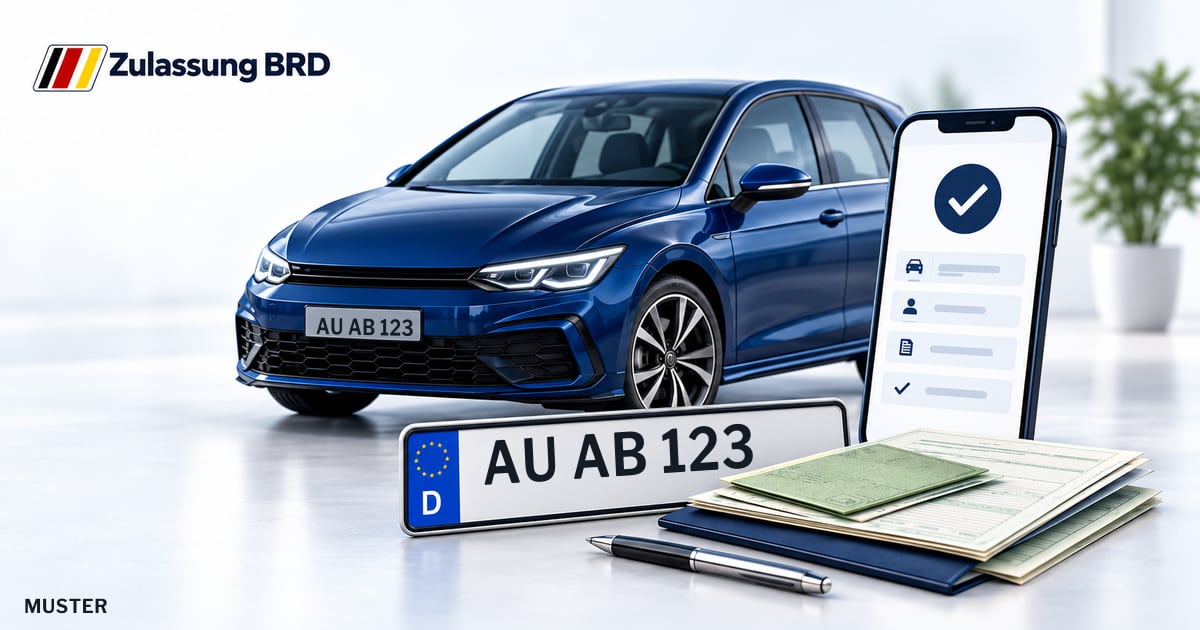 Online Fahrzeugzulassung in Schneeberg: Musterkennzeichen AU AB 123, Auto und Fahrzeugpapiere und Smartphone. Illustration mit Logo von Zulassung BRD.